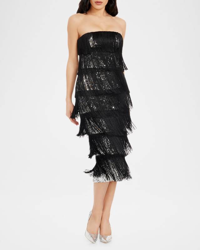 Viviana Tiered Sequin & Fringe Midi Dress